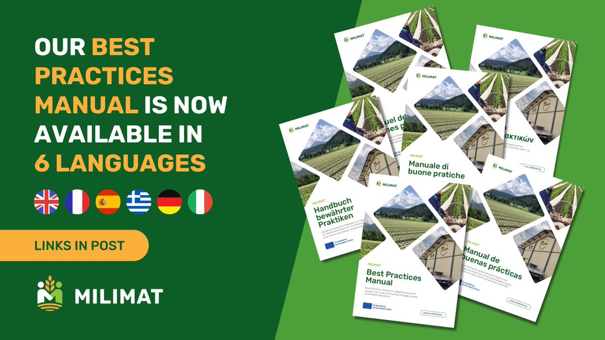 MILIMAT (@milimatproject) on Twitter photo 🎉 Starting September with some exciting news!
📚 We're excited to announce that our #BestPractices Manual for integrating #MigrantWorkers into rural communities through socially #SustainableAgriculture is now available in all six consortium languages! 
Discover the manual 👇 🎉 Starting September with some exciting news!
📚 We're excited to announce that our #BestPractices Manual for integrating #MigrantWorkers into rural communities through socially #SustainableAgriculture is now available in all six consortium languages! 
Discover the manual 👇