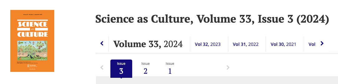 The newest #SciasCulture issue is out! Volume 33, Issue 3 (2024) includes a #Specialissue on #digital #participatory #biodiversity #science co-edited by Lorna Heaton &amp;Florian Charvolin, as well as an article on #biochar and one on #zika tandfonline.com/toc/csac20/33/3 #STSTwitter