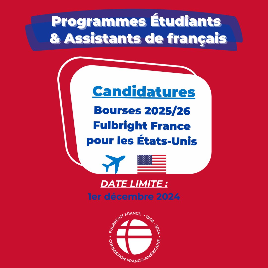 Fulbright France (@fulbrightfrance) on Twitter photo 🚨 Candidatures ouvertes pour les bourses <a href="/FulbrightFrance/">Fulbright France</a> 2025/26 - Programmes "Étudiants" 🧑🎓 & "Assistants de français (FLTA)" 🧑🏫 pour les États-Unis 🇺🇸
📅 Date limite de candidature : 1er décembre 2024 à 23h59
ℹ Plus d'infos sur notre site internet : fulbright-france.org 🚨 Candidatures ouvertes pour les bourses <a href="/FulbrightFrance/">Fulbright France</a> 2025/26 - Programmes "Étudiants" 🧑🎓 & "Assistants de français (FLTA)" 🧑🏫 pour les États-Unis 🇺🇸
📅 Date limite de candidature : 1er décembre 2024 à 23h59
ℹ Plus d'infos sur notre site internet : fulbright-france.org