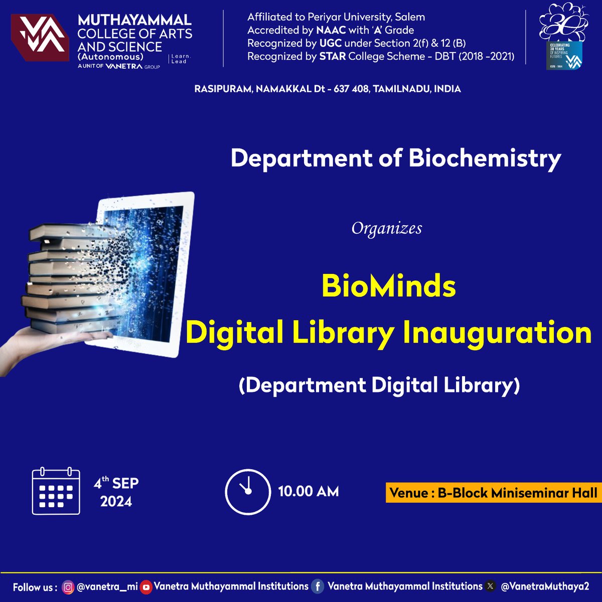 VanetraMuthaya2's tweet photo. π BioMinds Digital Library Launch π
The Department of Biochemistry is excited to announce the launch of the BioMinds Digital Library on 4.9.2024.
#BioMinds #DigitalLibrary #Biochemistry #AcademicResources #MuthayammalCollege #StudentSuccess #MCAS https://t.co/clMoiMO4g0