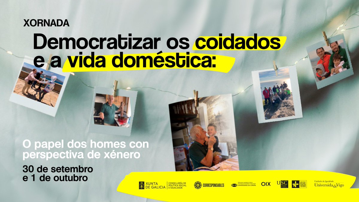 📢 Na xornada ‘Democratizar os coidados e a vida doméstica' abodaranse cuestións ao redor das masculinidades coidadoras e das políticas de conciliación.

Programa👉 bit.ly/Info-XornadaDC…
Inscríbete!👉 bit.ly/InscricionXorn…

🤝 <a href="/uvigo/">Universidade de Vigo</a> <a href="/UniversidadeUSC/">USC</a> <a href="/UDC_gal/">Universidade da Coruña</a>