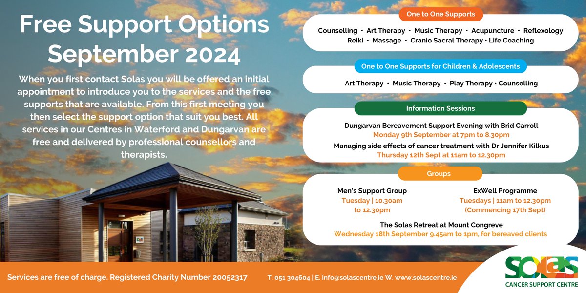 Solas Centre (@solascentre) on Twitter photo Support Options <a href="/SolasCentre/">Solas Centre</a> for September 🧡
📲 051 304604
📩 info@solascentre.ie
👉 solascentre.ie
Here to provide free support to people affected by cancer in the community. Support Options <a href="/SolasCentre/">Solas Centre</a> for September 🧡
📲 051 304604
📩 info@solascentre.ie
👉 solascentre.ie
Here to provide free support to people affected by cancer in the community.