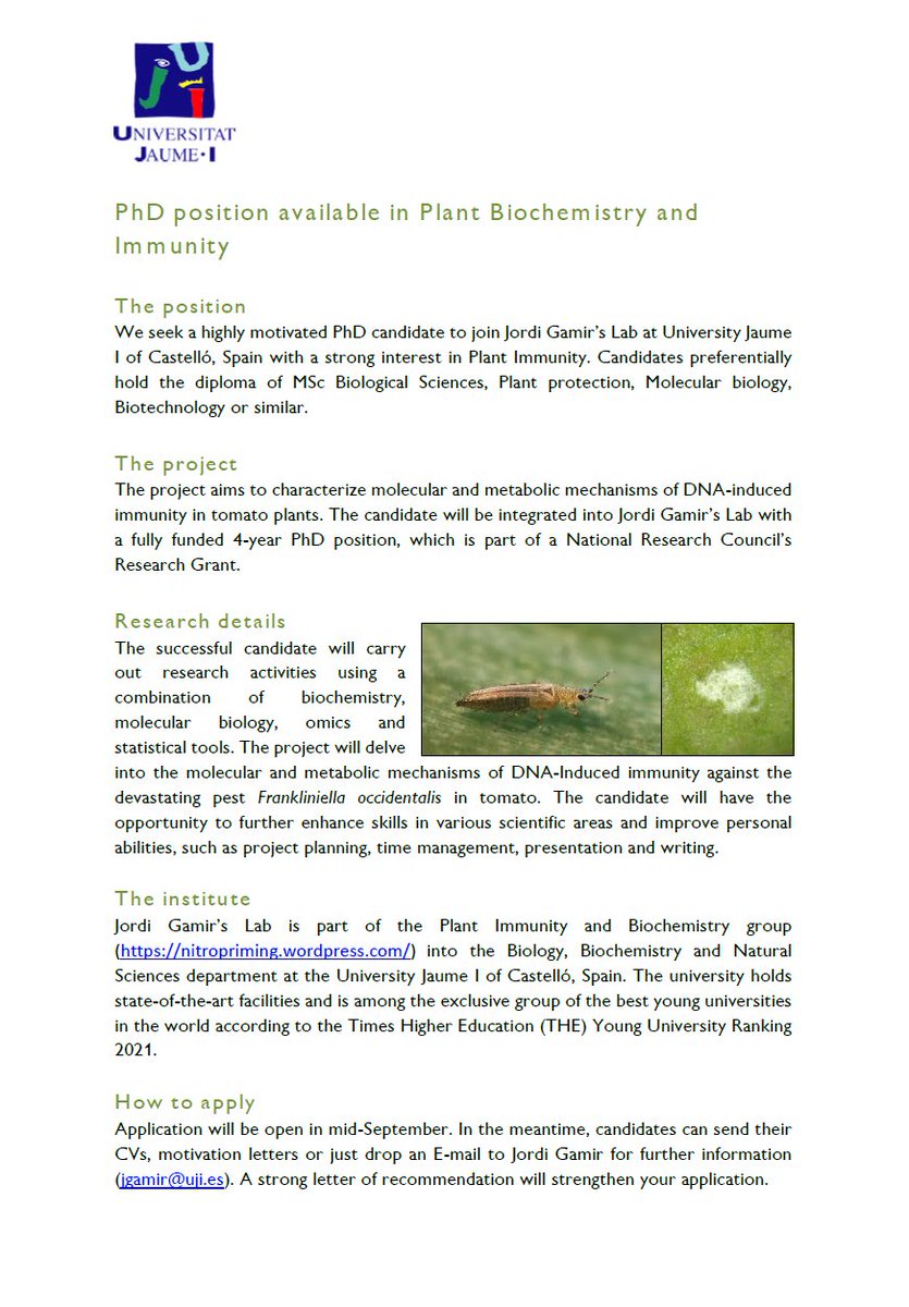 Jordi Gamir (@chori11) on Twitter photo HIRING a 4-year PhD candidate in my lab at the <a href="/UJIuniversitat/">Universitat Jaume I</a>. Apply if you are interested in understanding molecular mechanisms underlying DNA-induced immunity. HIRING a 4-year PhD candidate in my lab at the <a href="/UJIuniversitat/">Universitat Jaume I</a>. Apply if you are interested in understanding molecular mechanisms underlying DNA-induced immunity.