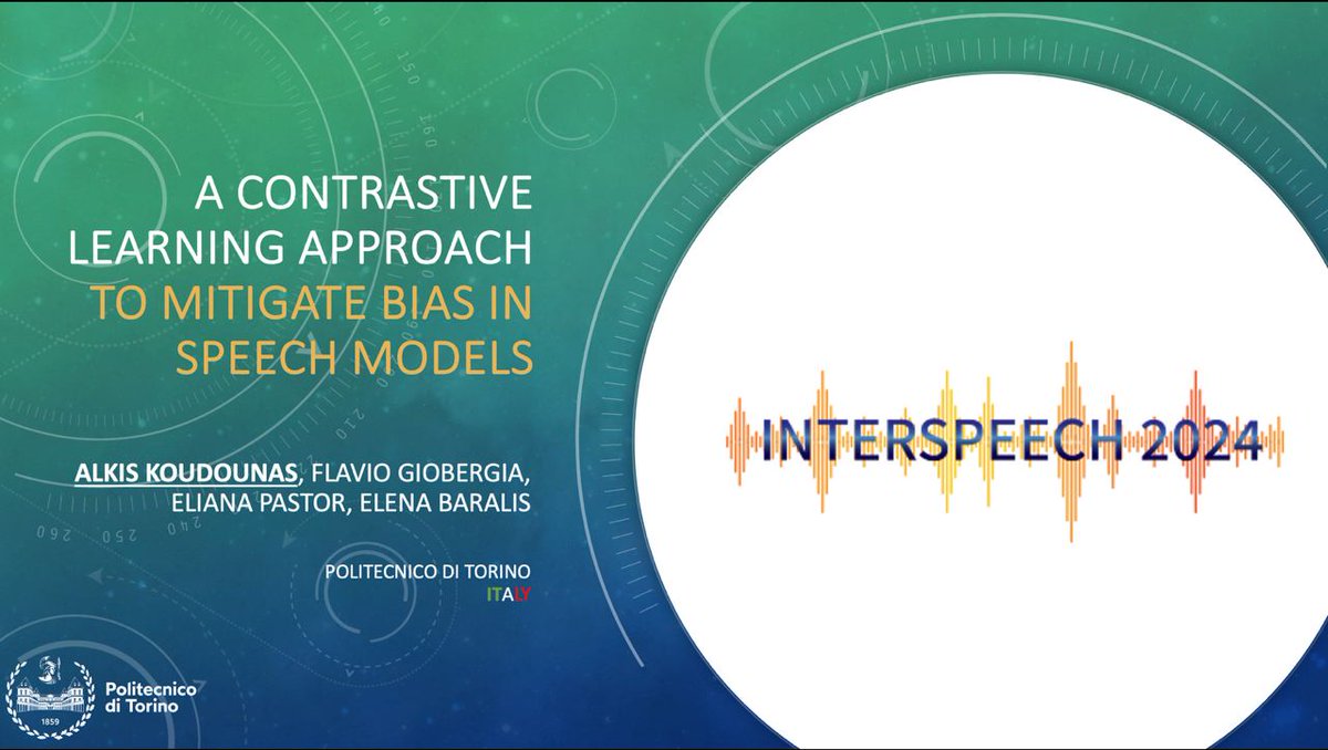 If you are at #Interspeech2024, don't miss the presentation of <a href="/AlkisKoudounas/">Alkis Koudounas</a> on our paper: "A Contrastive Learning Approach to Mitigate Bias in Speech Models."
It will be at 16:40 local time! 🇬🇷

arxiv.org/abs/2406.14686