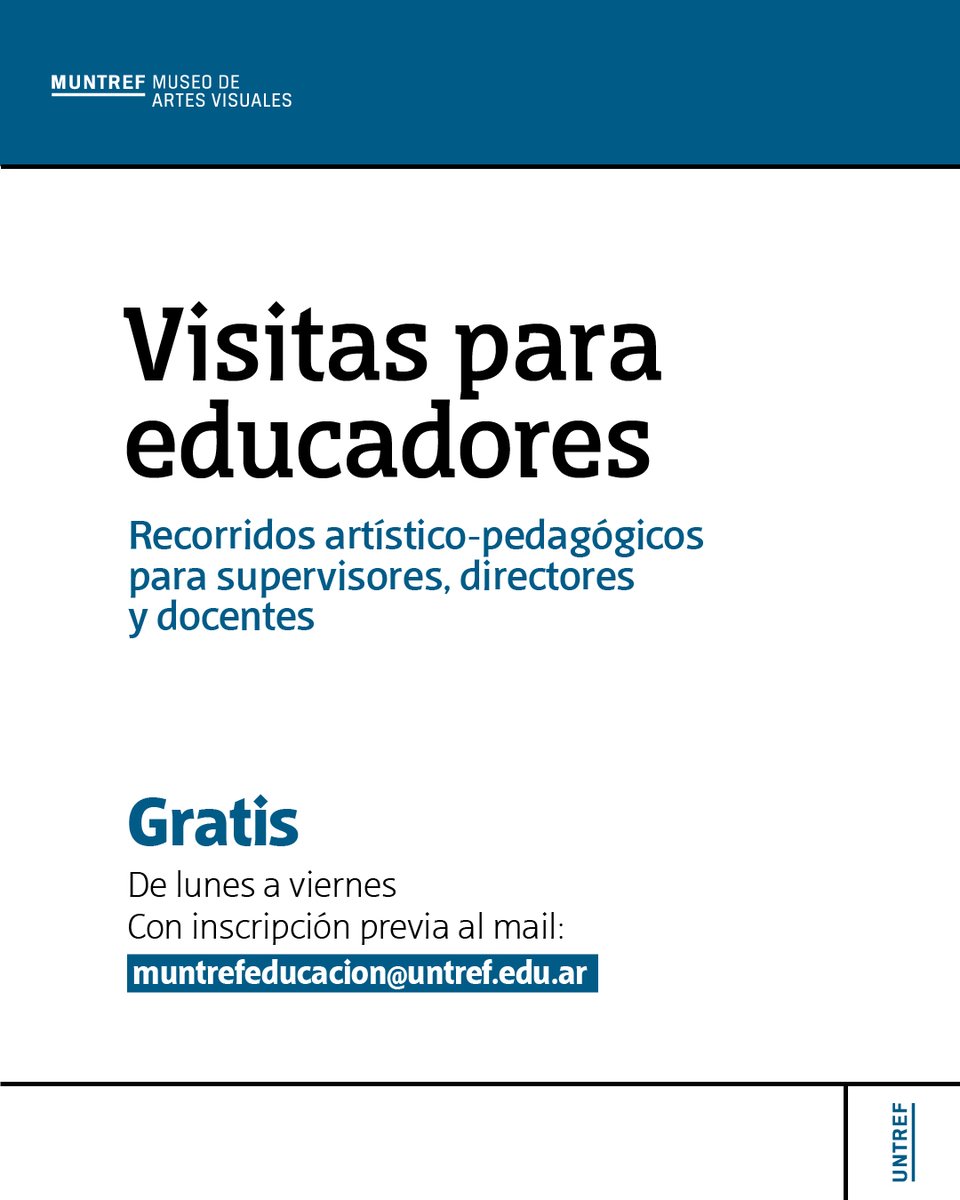 MUNTREF's tweet photo. ¿Conocés el programa de visitas para educadores del #MUNTREF, sede Caseros I? 🎨📙 Si sos docente, te invitamos a recorrer la muestra TODO Y NADA ESTÁN AHÍ PARA SER DICHOS junto al equipo de Educación de #ArtesVisuales de la @UNTREF, para que vuelvas con tus alumnos. 👇👇 https://t.co/Xye0RdTpyq
