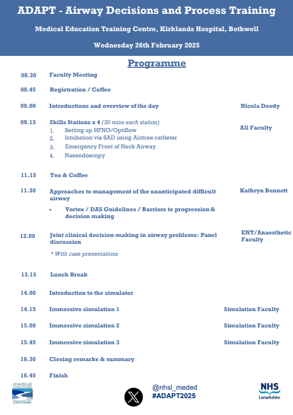 NHSL MedEd (@nhsl_meded) on Twitter photo Our next ADAPT course is running on Wed 26th Feb 2025. Get in touch now to book your place - email leeann.montgomery@lanarkshire.scot.nhs.uk #ADAPT2025 #airwaymanagement #clinicaldecisionmaking
<a href="/niki_d100/">Nicola Doody</a> <a href="/sleepydoc79/">Adam Livingston</a> <a href="/paton_catie/">Catie paton</a> <a href="/cazm169/">Caroline Martin</a> Our next ADAPT course is running on Wed 26th Feb 2025. Get in touch now to book your place - email leeann.montgomery@lanarkshire.scot.nhs.uk #ADAPT2025 #airwaymanagement #clinicaldecisionmaking
<a href="/niki_d100/">Nicola Doody</a> <a href="/sleepydoc79/">Adam Livingston</a> <a href="/paton_catie/">Catie paton</a> <a href="/cazm169/">Caroline Martin</a>