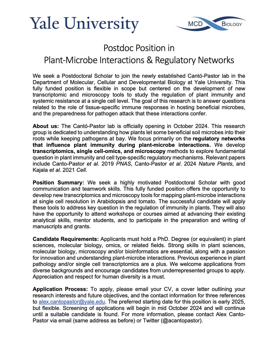 Sophien Kamoun (@kamounlab) on Twitter photo Job alert! Postdoc position in Alex Canto-Pastorās new lab at Yale <a href="/acantopastor/">Alex Cantó-Pastor</a> Job alert! Postdoc position in Alex Canto-Pastorās new lab at Yale <a href="/acantopastor/">Alex Cantó-Pastor</a>
