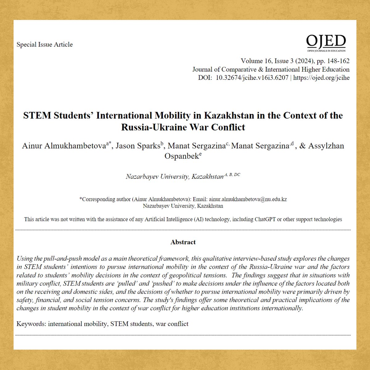 Read about the study by Dr. Almukhambetova and her team on "STEM Students’ International Mobility in Kazakhstan in the Context of the Russia-Ukraine War Conflict" ojed.org/index.php/jcih…
If you want to read about all of our publications, visit our website: carceit.nu.edu.kz/publications