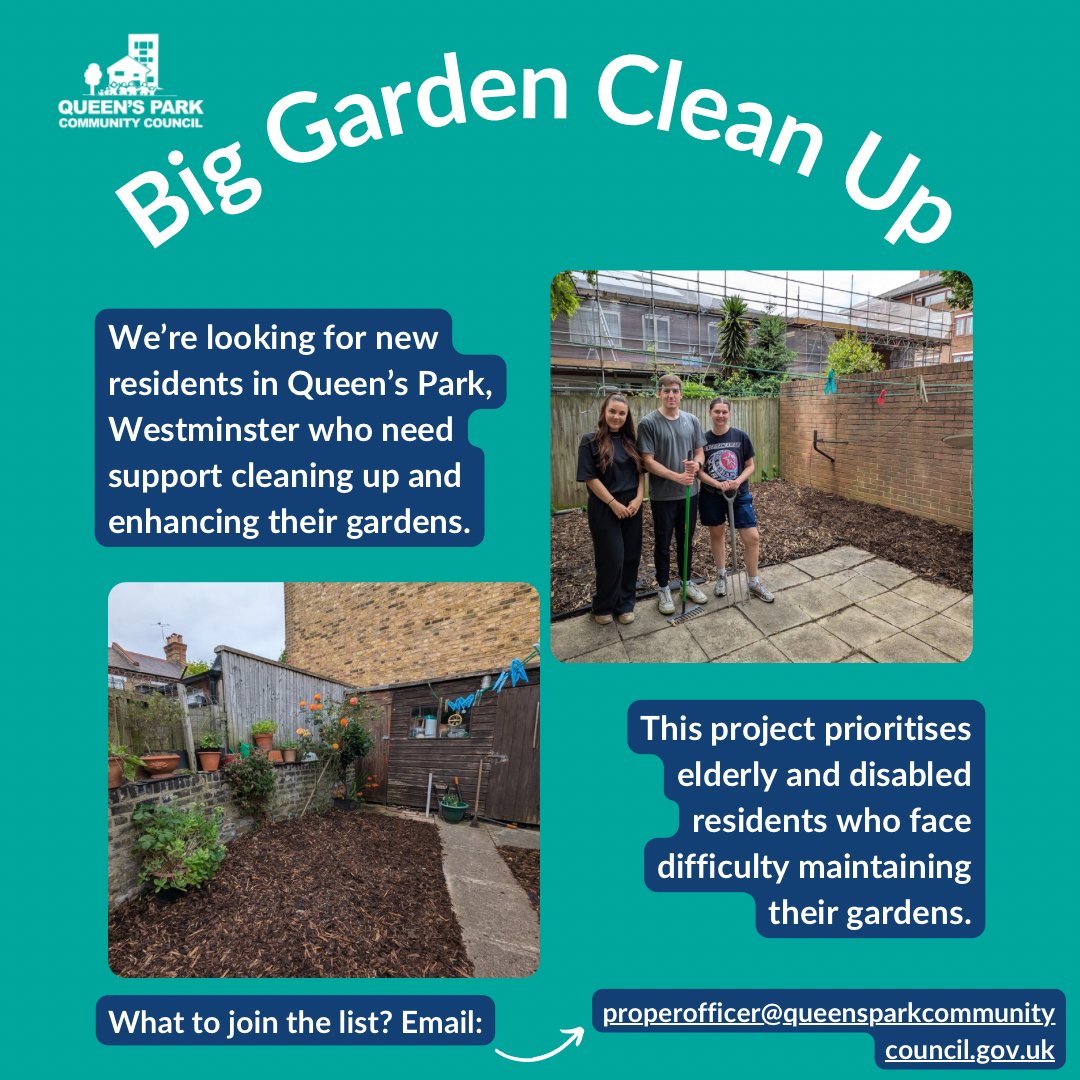 🗣️Calling Queen’s Park residents -  we run the Big Garden Clean-up project to make Queen’s Park a safe, beautiful and healthy place. The project helps residents clean up &amp; enhance their gardens.

🌻We prioritise elderly &amp; disabled residents who struggle maintaining their gardens.