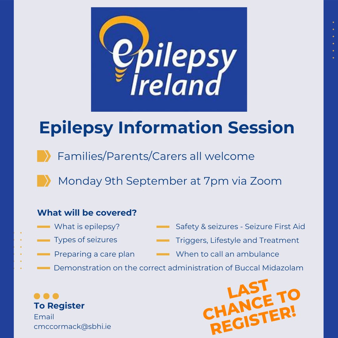 Spina Bifida Hydrocephalus Ireland (SBHI) (@sbhireland) on Twitter photo Epilepsy Ireland are delivering an Epilepsy Information Session via Zoom on Monday the 9th of September for all families, carers and parents! If you would like to join please email our Education and Training Manager Claire at cmccormack@sbhi.ie ASAP Epilepsy Ireland are delivering an Epilepsy Information Session via Zoom on Monday the 9th of September for all families, carers and parents! If you would like to join please email our Education and Training Manager Claire at cmccormack@sbhi.ie ASAP