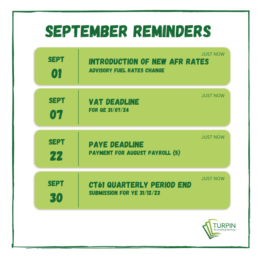 📆✨ September Reminders✨📊
 Whether you're a business owner, accountant, or financial professional, mark your calendars for these key dates.
 
Stay proactive and organised to achieve your financial goals this September!
 
 #Accounting #FinancialPlanning #SeptemberReminders