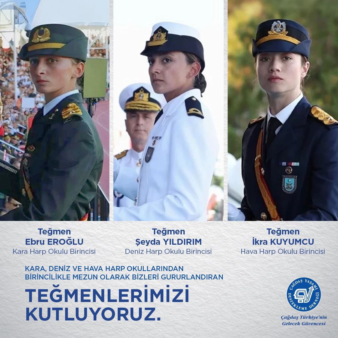 “Bütün ümidim gençliktedir” diyen Büyük Atatürk’ün izinde, çağdaş, yetkin ve başarılı Türk kadınları olarak Kara, Deniz ve Hava Harp Okullarından birincilikle mezun olarak hepimizi gururlandıran teğmenlerimizi kutluyoruz.