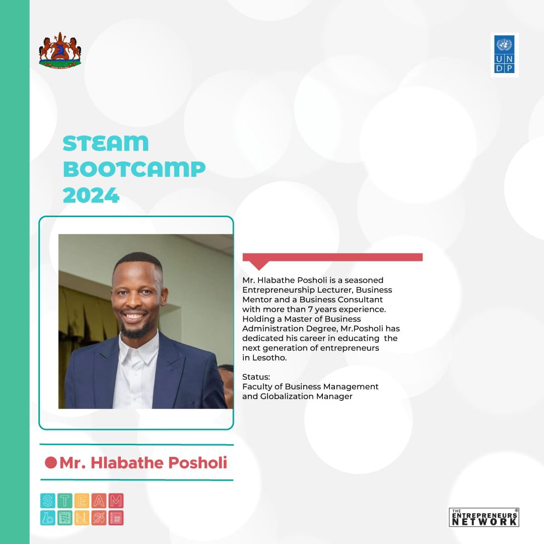 DAY TWO of the #STEAM2024 Bootcamp, and we are getting straight into business as we have the STEAMers indulge in the theme Entrepreneurship, led by our two esteemed facilitators for the day.
Stay tuned to see how the day turns out for the Steamers! 

 #LesothoSTEAMing2024