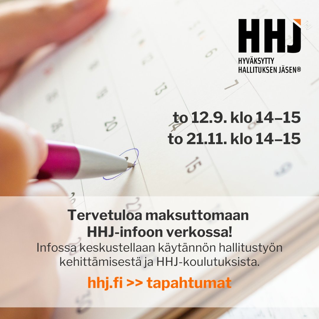 Tervetuloa kuulolle maksuttomaan, valtakunnalliseen verkkotilaisuuteen 12.9. klo 14-15.
Infossa keskustellaan käytännön hallitustyön kehittämisestä ja samalla kuullaan HHJ-koulutuksista. 
Ilmoittaudu mukaan: hhj.fi/?action=eventr…
#kauppakamarit #hallituspartnerit #hhj