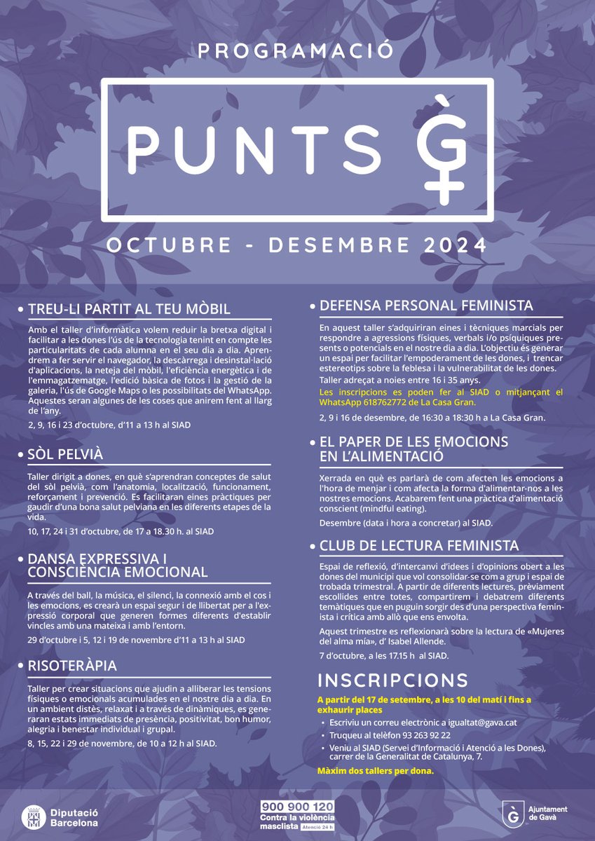 SiadGava's tweet photo. Atenció 📣 dones del municipi de Gavà!! Ja tenim la programació dels Punts G del SIAD per a l'últim trimestre.

✍️ Inscripcions a partir del 17 de setembre a les 10 h, mitjançant:

📞 93 263 92 22
📧 igualtat@gava.cat
📍 al SIAD Gavà, carrer de la Generalitat de Catalunya, 7 https://t.co/K2aoJhgxvF