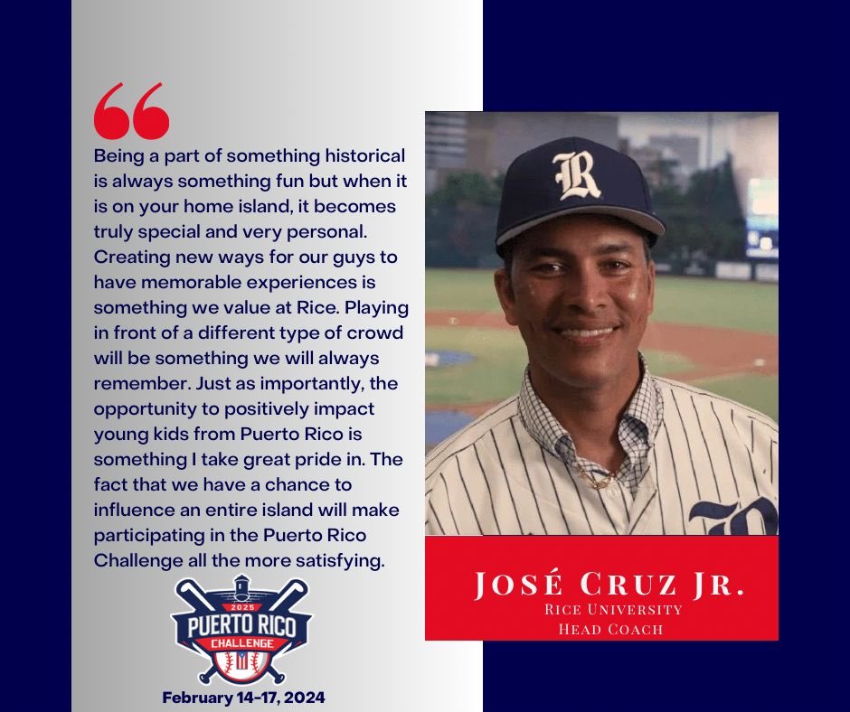 Puerto Rico native, José Cruz Jr, comes from a baseball family.

He played at Rice University from 1992-1995. 
MLB for 12 years and won a Gold Glove in 2003. 

The first pitch for Rice University will be in the city of Ponce in February!
#PRChallenge #RiceBaseball #VisitPonce