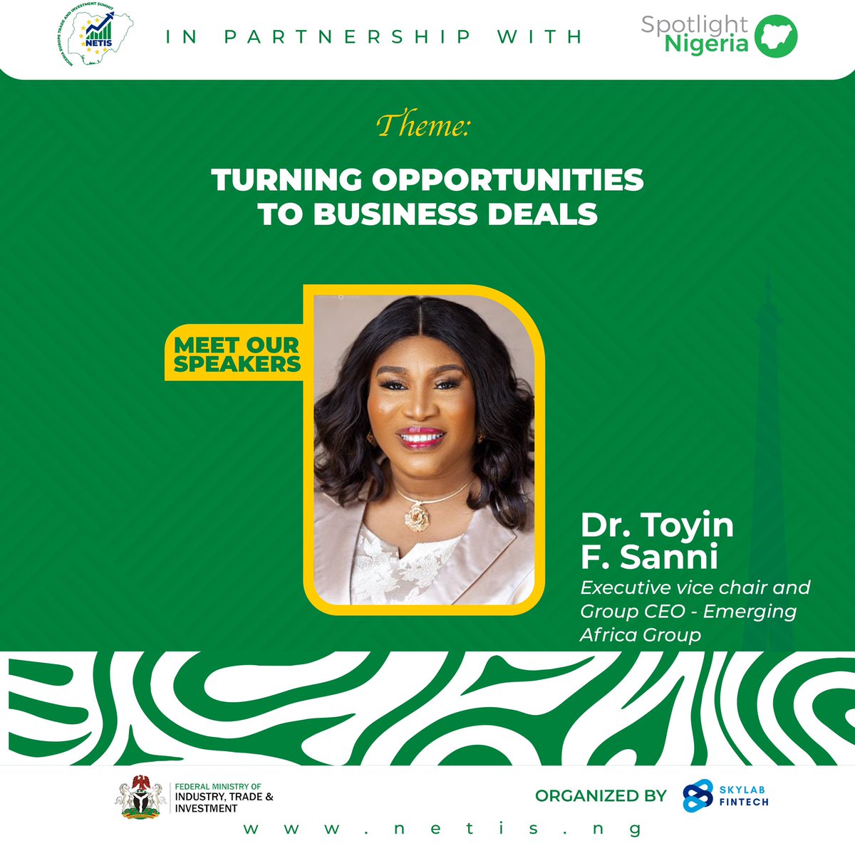 NETIS_SUMMIT's tweet photo. MEET OUR SPEAKER

We are honored to have @ToyinFSanni as one of our distinguished speakers at the Nigeria Europe Trade and Investment Summit (NETIS) in collaboration with Spotlight Nigeria. -
#Netis2024 #NigeriaEuropeSummit #InvestmentOpportunities #EconomicGrowth https://t.co/mc8OWhUzS9