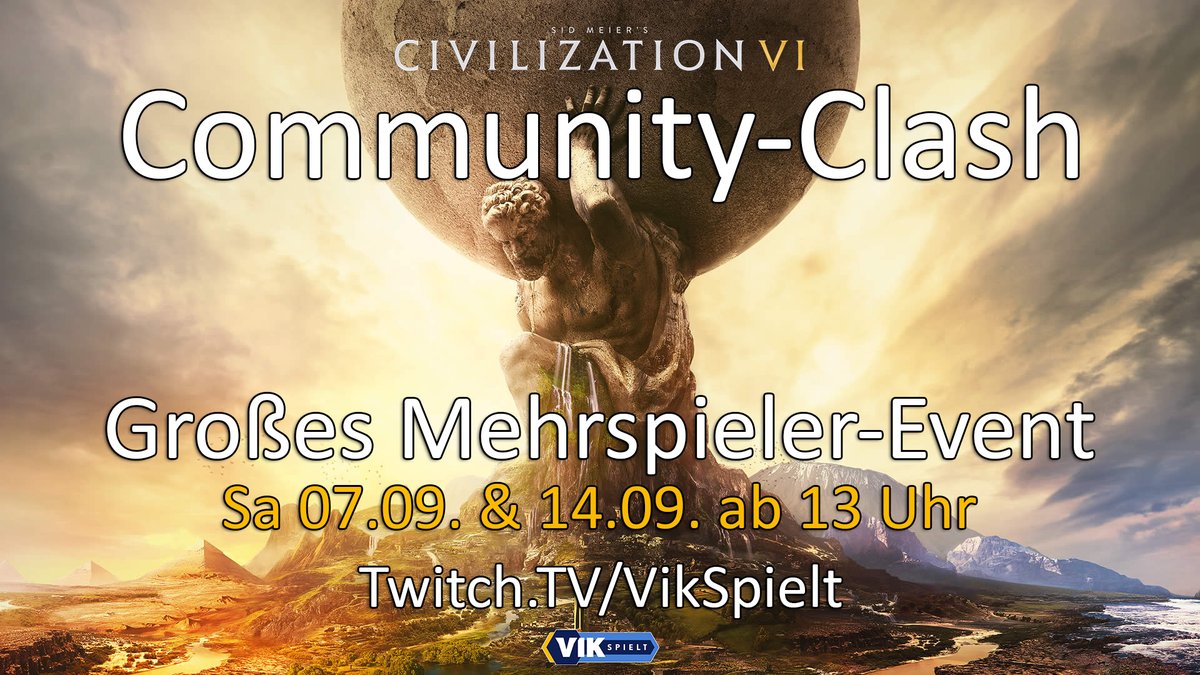 Morgen ab 13 Uhr geht der erste Teil vom Community-Clash-Event los! Fette Mehrspielerrunde in #Civilization 6. Ich hab Bock! Schaut gerne rein, wird sicher spannend.
-&gt; twitch.tv/vikspielt

#civ6 #mehrspieler #twitchde
