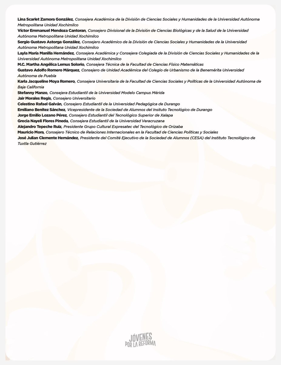 Autoridades universitarias jóvenes de Instituciones de Educación Superior públicas y privadas, líderes estudiantiles y miembros de nuestras respectivas comunidades, informamos lo siguiente: 

✅ #ReformaJudicialYa