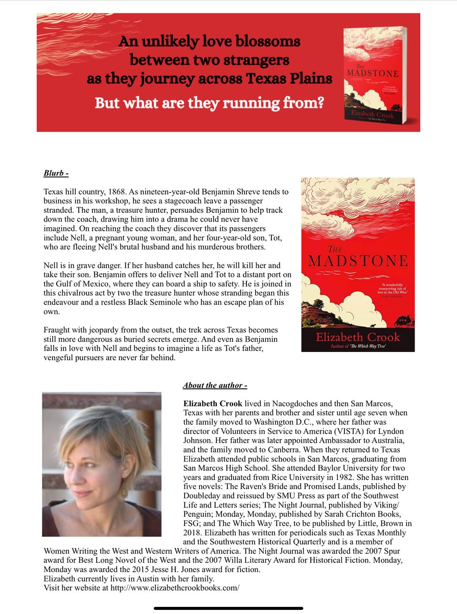 MiriamLSmith3's tweet photo. It’s my turn on the blog tour for Elizabeth Crook’s #TheMadstone for @RandomTTours - read my thoughts & more below -
#AMothersMusingsSunderlsnd #AMakemMothersMusings #OldWest #Texas1868 #TexasPlains #Romance @bedsqpublishers #WesternFiction #ElizabethCrook https://t.co/NlTReQZXLv
