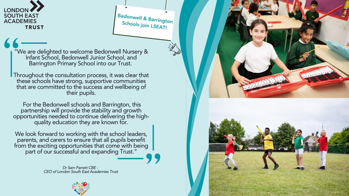 To kick start the new academic year we are proud to announce that three Bexley Primary Schools will be joining the London South East Academies Trust (LSEAT).

LSEAT has welcomed @BedonwellSchool, and Barrington Primary School into its network of schools.
