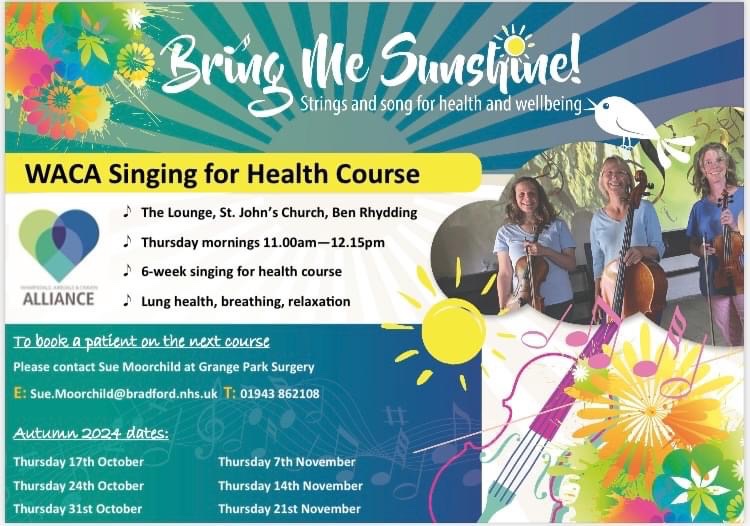 stringsandsong's tweet image. 📣 places available on @wacayorkshire Singing For Lung Health course for patients at Grange Park Surgery,  Addingham Surgery, IG Medical Ilkley and Wharfedale Medical Practice.  To book ➡️sue.moorchild@bradford.nhs.uk