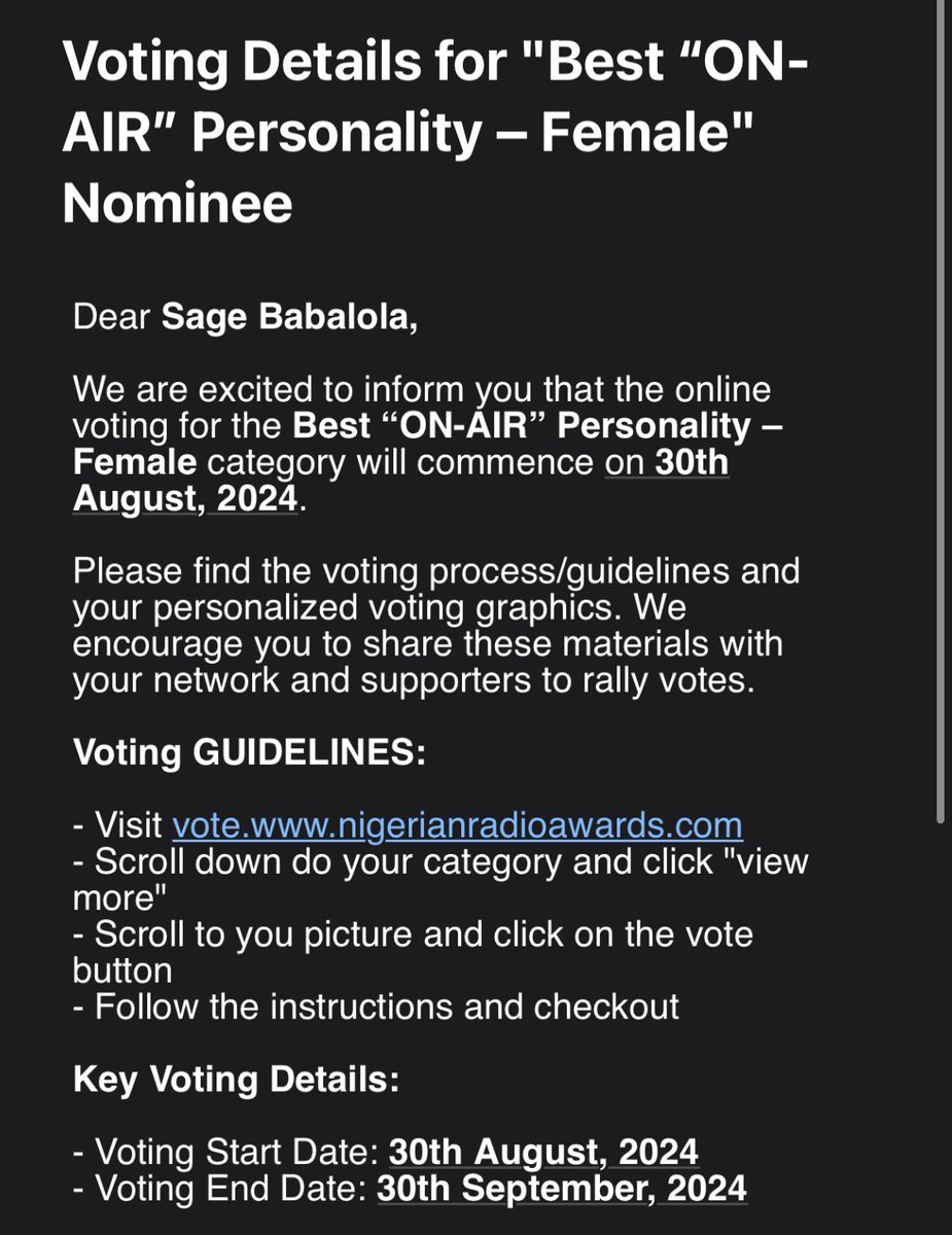 Please vote for me under the category BEST ON -AIR PERSONALITY ( female ) via the link below . 

Thank you and God bless 🙏

vote.nigerianradioawards.com