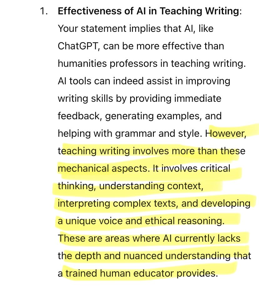 GhostofOlmsted's tweet photo. @JimDMiller @jjoque @Ethnography911 So how does ChatGPT help students become better writers than their professors? https://t.co/fQhUQ6lKn9