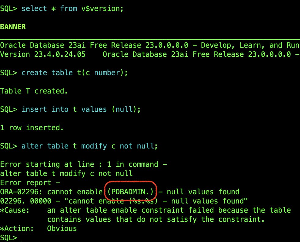 Bug or not?  The behaviour is fine, it's the error message, what is "(PDBADMIN.)"?  I'm sure there's a valid reason for this, but seems an unnecessarily obtuse message for something so simple)...