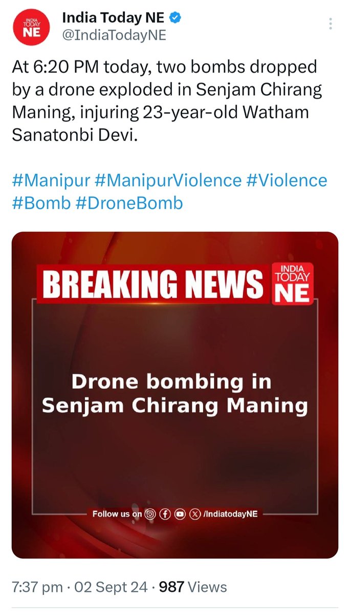 ratankhuman's tweet photo. The #KukiDroneAttacks targeting Meitei civilians continue!

Meanwhile, major media outlets like @IndiaTodayNE, @the_hindu, @ndtvindia, @timesofindia, @EconomicTimes, @ndtv, @the_indian_expr, and @htTweets have such a brilliant knack for conveniently overlooking the whole #KukiTerrorists angle in their reports. 

Is this a newer version of reporting?
