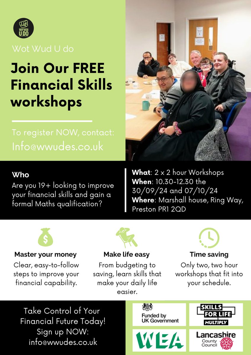 WotWudUDo's tweet image. Join our Free Multiply Financial Skills Workshops and learn to budget better and understand your finances more deeply 💪
👥 Open to Adults in Preston, who are 19+ and have no formal Maths Qualification
@WEAadulted @SelnetLtd @PrestonComNet @pnecommunity @hindleanna