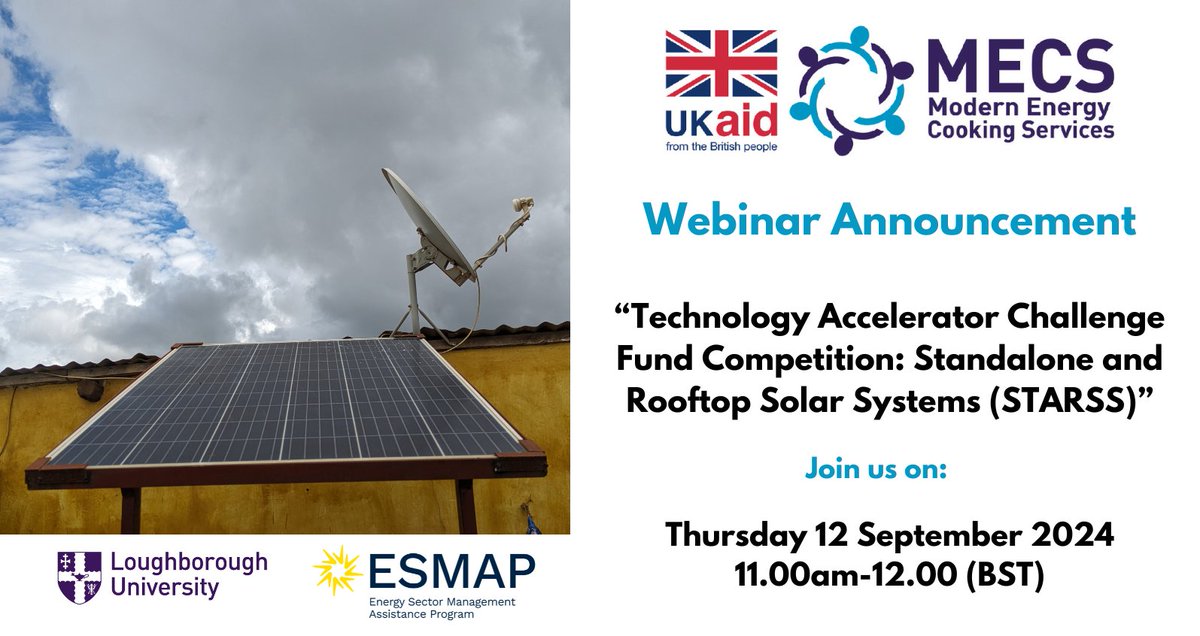 UKMECS's tweet image. 📣Webinar alert!
Registration open for our webinar “Technology Accelerator #ChallengeFund Competition-Standalone &amp;amp; Rooftop #SolarSystems (STARSS)”.
Join us &amp;amp; find out more about the project &amp;amp; programme of work.
🗓️12 Sep. 11am BST
Register: mecs.org.uk/webinar-announ…
#webinar #solar
