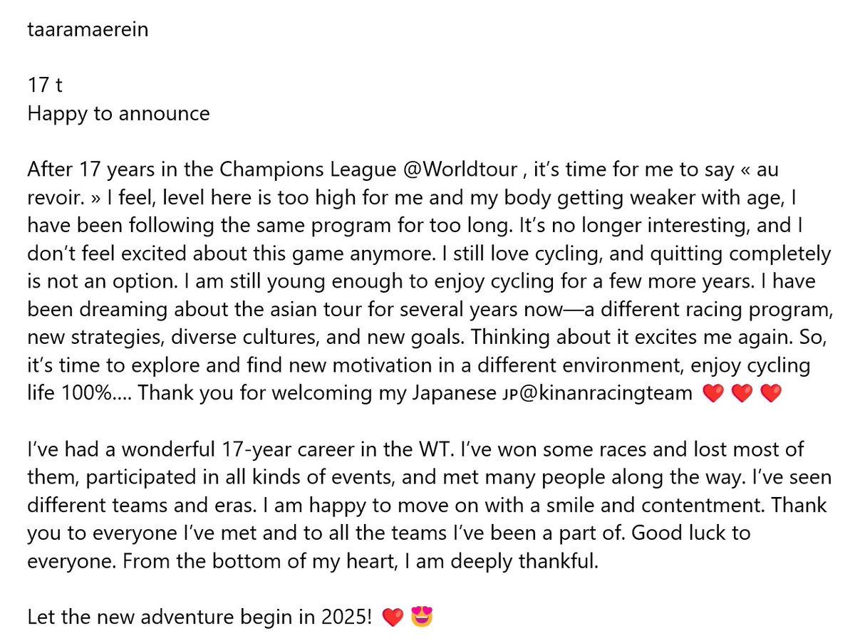 ammattipyoraily's tweet photo. Had missed Rein Taaramäe's Insta post.

It's been a great journey! Turned pro in 2008. Super talented 🇪🇪 didn't win GC in Grand Tour, but became multiple GT stage winner. Taaramäe can be more than proud of his 17-season pro career, 22x🏆, already one of Baltic cycling legends! https://t.co/z5watp1ipp