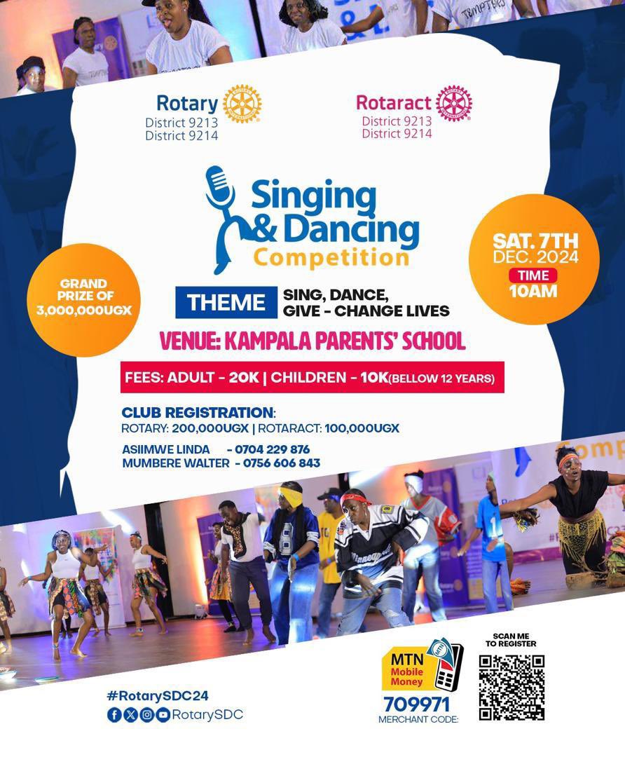 Rotary Kampala North (@rckampalanorth) on Twitter photo 📣 Attention Rotary & Rotaract clubs!
Are you ready to bring the house down with your singing and dancing skills? 🎤💃🕺
Register now for the exciting #RotarySDC24 competition due 7Th December 2024 at <a href="/kampalaparents/">Kampala Parents'</a> and let’s make it a night to remember! ✨
To register your 📣 Attention Rotary & Rotaract clubs!
Are you ready to bring the house down with your singing and dancing skills? 🎤💃🕺
Register now for the exciting #RotarySDC24 competition due 7Th December 2024 at <a href="/kampalaparents/">Kampala Parents'</a> and let’s make it a night to remember! ✨
To register your
