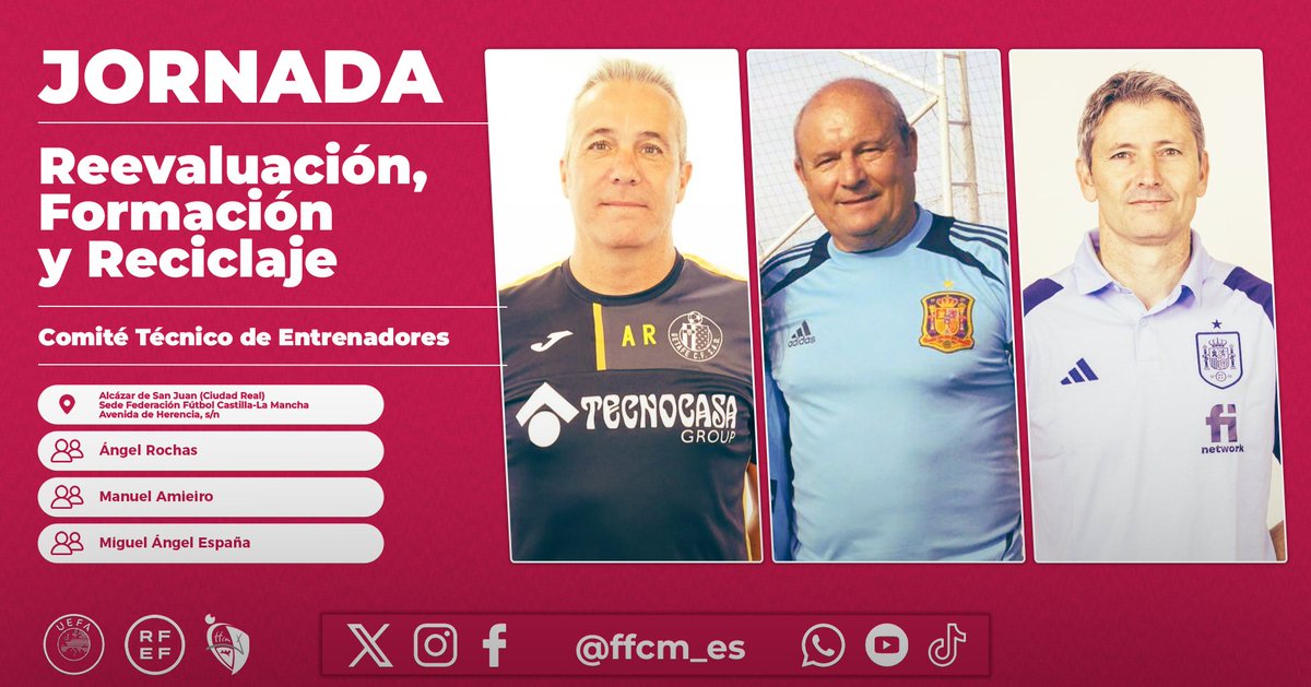 📚 FORMACIÓN |

▶️ Jornada de Actualización y Reciclaje

🗓 21 de septiembre
📍 Alcázar de San Juan (Ciudad Real)

👤 Ángel Rochas
👤 Manuel Amieiro
👤 Miguel Ángel España
 
▶️ Plazas disponibles

🔗 ffcm.es/pnfg/NNws_ShwN…

#somosCLM | #entrenadoresCLM