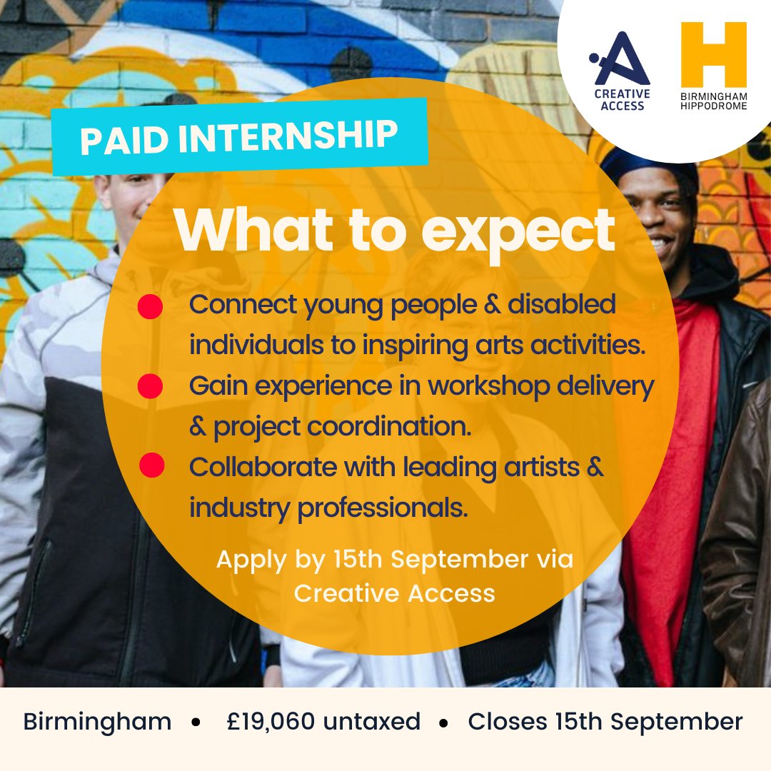 🌟 Kickstart your career in inclusive arts 🎭! Join @BrumHippodrome as a Young People &amp; Access Intern—connect young people &amp; disabled individuals to the arts. Apply by 15th Sept 🔗 opportunities.creativeaccess.org.uk/job/young-peop… #Internship #Theatre #Arts #Midlands