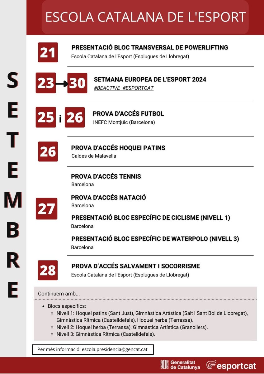 ✅ja teniu disponible la informació de les activitats formatives del setembre
<a href="/esportcat/">Esports</a>.
<a href="/FCatalanaPadel/">FCP - Federació Catalana de Pàdel</a>
<a href="/FCPatinatge/">FCPatinatge</a>
<a href="/fsurfcat/">Federació Catalana de Surf</a> 
<a href="/nataciocat/">Federació Catalana de Natació</a> 
<a href="/ciclismecat/">Federació Catalana de Ciclisme</a> 
<a href="/esportius/">esportius</a>