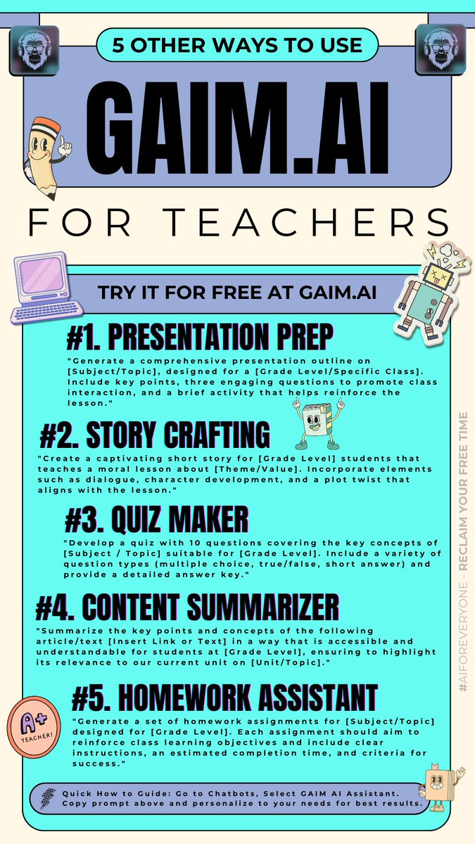 gaimnetwork's tweet photo. 5 Ways to Save 100's of Hours as a Teacher! π§
If you know a teacher, share this with them. They will love you.
Save Time for Teaching! #AIforGood #GAIM #prompts #teachers #classprep #productivity
Create your FREE account at https://t.co/XolLxKSLmi https://t.co/UKo1aDMiMN