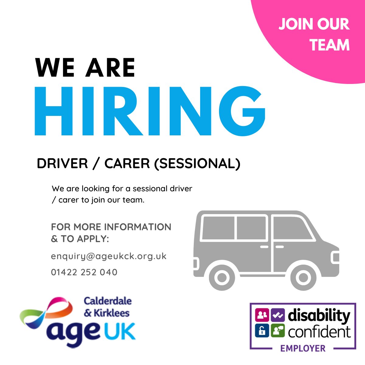 Age UK Calderdale and Kirklees (@ageukck) on Twitter photo 📣JOB VACANCY📣
PLEASE SHARE!
We are looking for Sessional Driver/Carers to join our teams in Calderdale & Kirklees.
For more information, please visit our website:
ageuk.org.uk/calderdaleandk…
#jobs #jobvacancy #careers #jobvacancies #kirkleesjobs #calderdalejobs <a href="/JCPinWestYorks/">JCP in West Yorks</a> 📣JOB VACANCY📣
PLEASE SHARE!
We are looking for Sessional Driver/Carers to join our teams in Calderdale & Kirklees.
For more information, please visit our website:
ageuk.org.uk/calderdaleandk…
#jobs #jobvacancy #careers #jobvacancies #kirkleesjobs #calderdalejobs <a href="/JCPinWestYorks/">JCP in West Yorks</a>