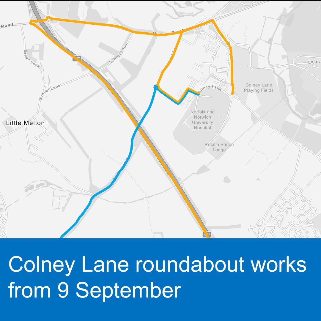 Work starts on the Colney Lane roundabout for six months, from Mon 9 Sept. 

All users are asked to travel sustainably including using the Costessey Park &amp; Ride Service 510, or use alternative routes via Hethersett Lane and Rosalind Franklin Road. 

More:  orlo.uk/m0r59