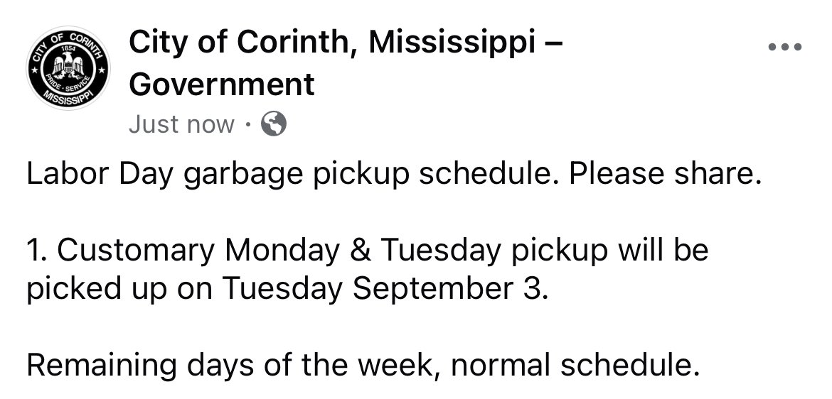 Labor Day garbage pickup schedule.
