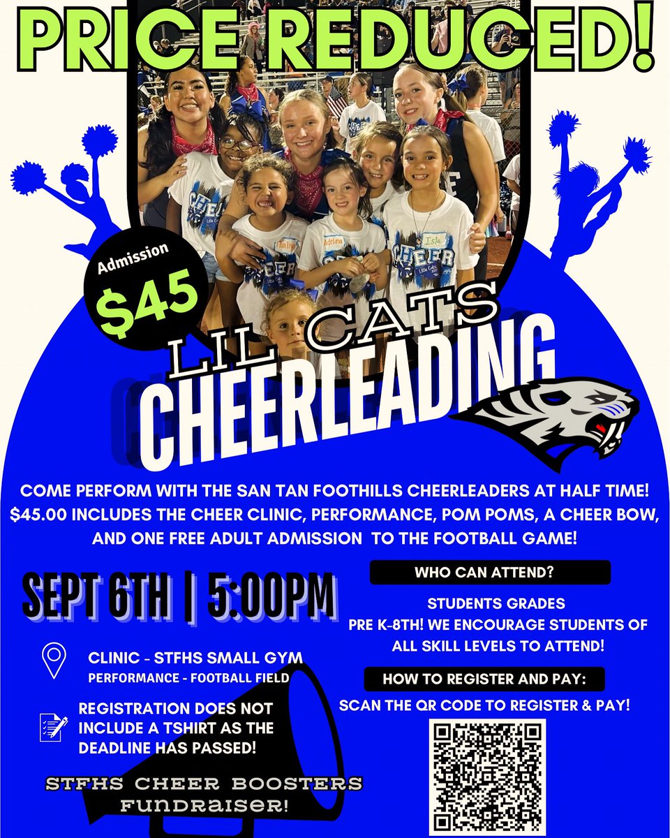 Hey cats! Did you miss the deadline to sign up for our little cats cheer clinic? No worries! It’s not too late! Registration is still open and the price is now reduced to $45.00! (Late registration does not include a t-shirt) Come join us this Friday and cheer on the cats! 📣💙