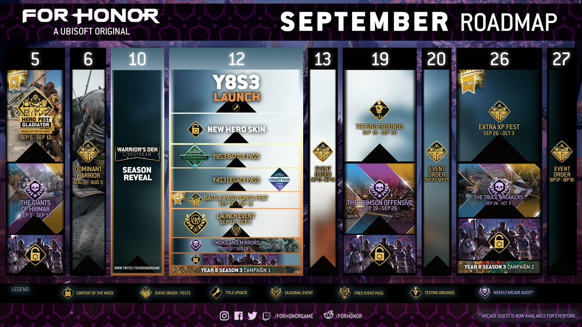 ForHonorGame's tweet image. Crispiness is in the air. (kinda) 🍁 

The month of September is jam-packed, take a look at what&apos;s in store leading up to, and after our Y8S3 Warrior&apos;s Den. 👀