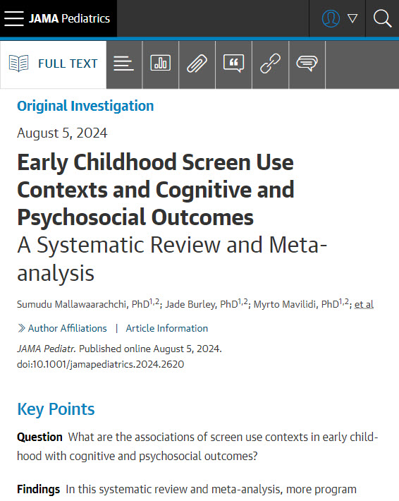 JAMA Pediatrics (@jamapediatrics) on Twitter photo Most viewed in the last 7 days from <a href="/JAMAPediatrics/">JAMA Pediatrics</a>:
What are the associations of screen use contexts in early childhood with cognitive and psychosocial outcomes?
ja.ma/4e4xoPz Most viewed in the last 7 days from <a href="/JAMAPediatrics/">JAMA Pediatrics</a>:
What are the associations of screen use contexts in early childhood with cognitive and psychosocial outcomes?
ja.ma/4e4xoPz