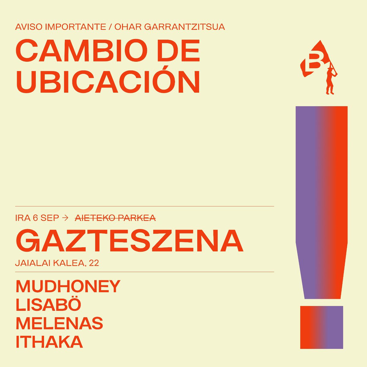 🚀AZKEN ORDUA!!
🚀NOTICIA DE ÚLTIMA HORA!!

Gazteszenara goaz!!!  Nos vamos a Gazteszena!!!🌊

🗓️Irailak 6

18:30 APERTURA DE PUERTAS + DJ
19:30 ITHAKA
20:30 MELENAS
21:30 LISABÖ
22:50 MUDHONEY

Eta gero… Y después todas a <a href="/dabadaba/">dabada</a>…