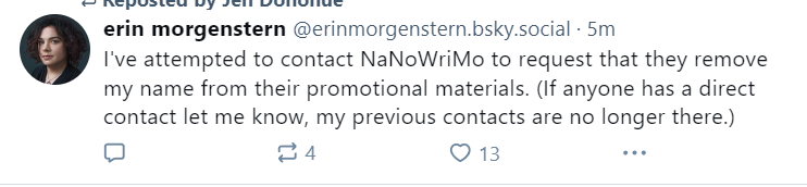 Arumi_kai's tweet photo. Erin Morgenstern (author of The Night Circus) wants out after hearing about #NaNoWriMo's endorsement of AI. 

#WritingCommunity https://t.co/WEbWNqmjpX