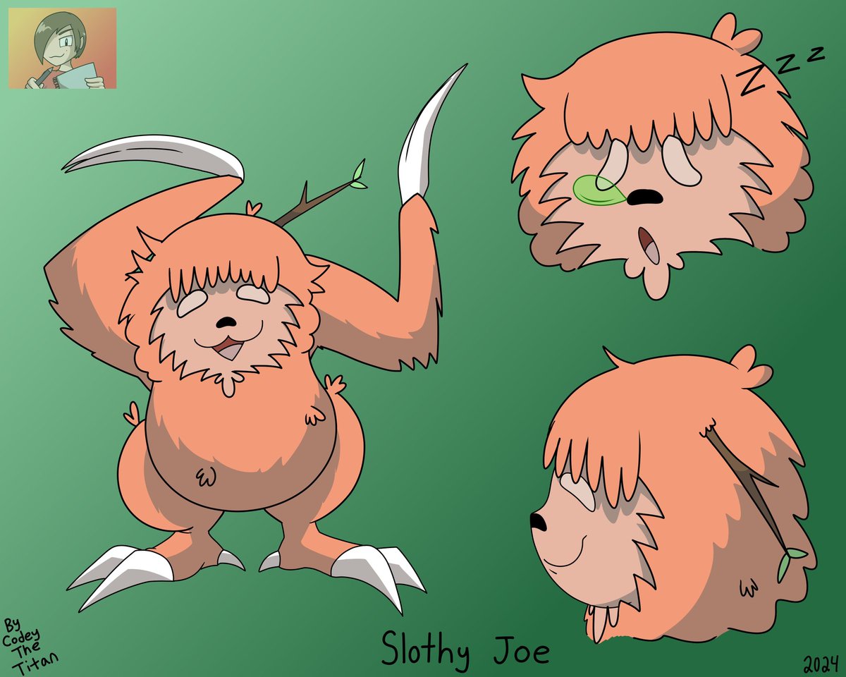 CodeyTitan's tweet photo. Concept Art of My OC Slothy Joe. He’s a Lazy Sloth like creature that is originally from the Faerie Realm. He lives in an Abandoned Trailer and likes to cook and eat meat.
#SlothyJoe #Sloth #CharacterDesign #DigitalArt #OC #OriginalCharacter #Illustration #Anthro #ArtistOnTwitter https://t.co/IuaxQweCzd