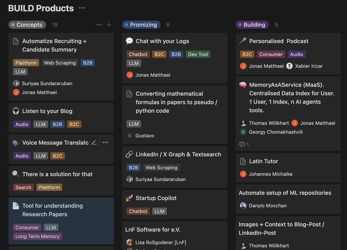 jonas_matthaei's tweet image. I founded the Build Department at TUM.ai with the goal of building, launching, and validating AI products. Our only resource is a database that holds both our product ideas and the projects we&apos;re developing. Build together!