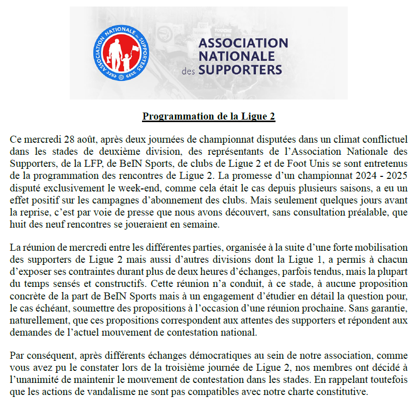 A_N_Supporters's tweet photo. Concernant la programmation en semaine des rencontres de Ligue 2 qui devaient se tenir le week-end, voici quelques précisions de notre association à la suite de la réunion de mercredi dernier avec les instances sportives et le diffuseur. https://t.co/aG8cZR0TKy