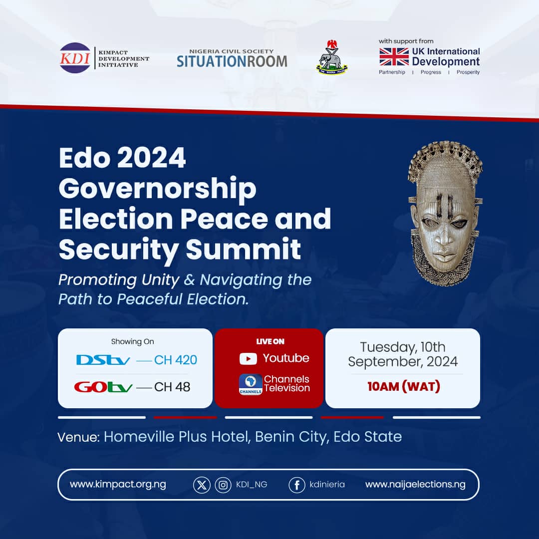 Ahead of the September 21st Edo offcycle governorship elections, <a href="/KDI_ng/">Kimpact Development Initiative</a> with the support of <a href="/UKinNigeria/">UK in Nigeria🇬🇧🇳🇬</a>, and in collaboration with <a href="/SituationRoomNg/">Situation Room</a> and <a href="/PoliceNG/">Nigeria Police Force</a>, will be hosting a Peace and Security Summit with key stakeholders. This event aims to foster dialogue on how to